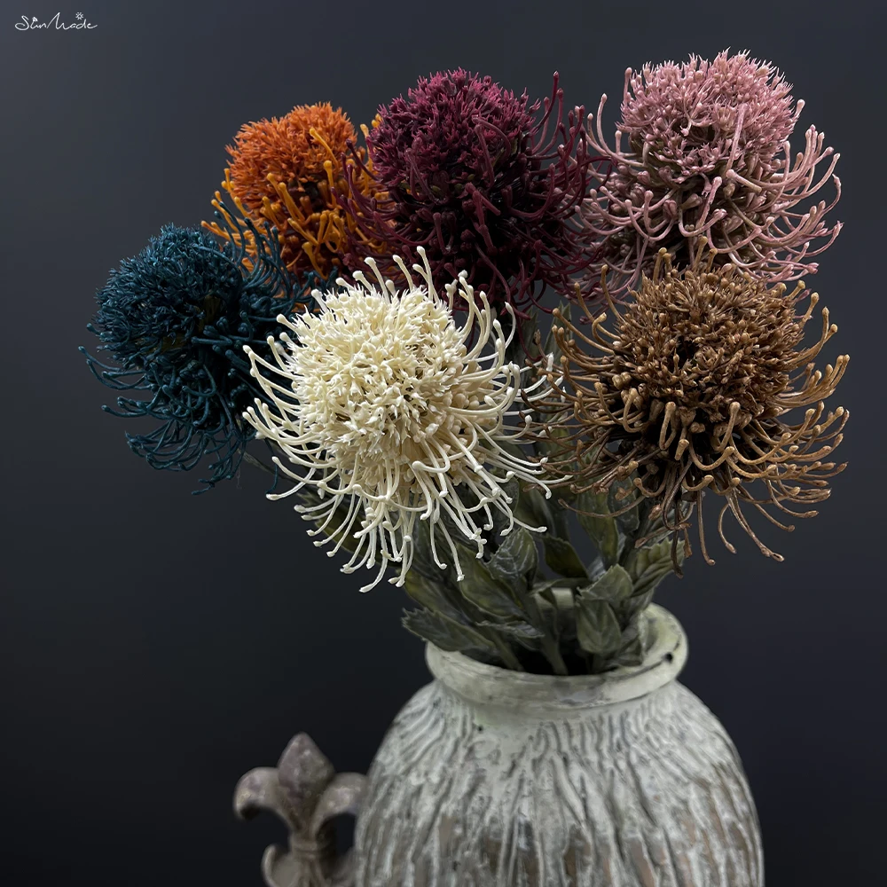 SunMade Flocked Ball Leucospermum Plastic Artificial Flowers Wedding Decoration Flores Artificales Fall Decor Fleur Artificielle