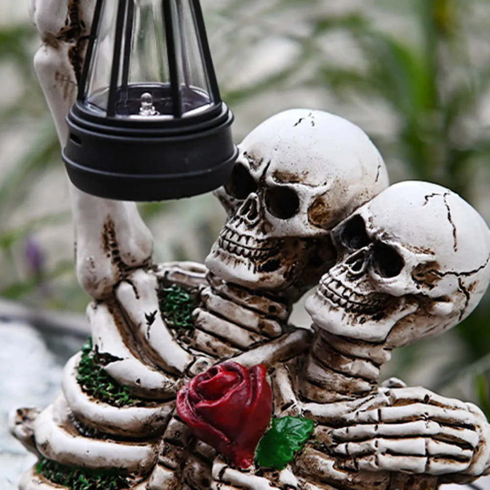 Halloween Solar Death Skull Figurine with Lantern Scary Skull Ornament Waterproof Rose Skeleton Sculpture Halloween Decoration