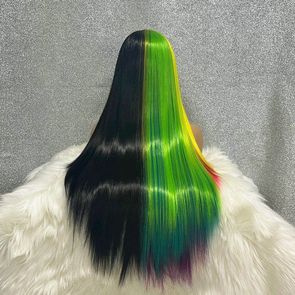 Half Black Half Rainbow Color 28 Inch Glueless 13x3.5 Synthetic Lace Front Preplucked Drag Queen Cosplay Wigs With Baby Hair