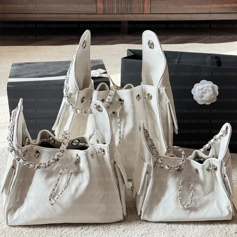 

7A Designer Shoulder Womans Hobo Bags Silver Snap Classic Check Pattern Black Waxed Cowhide Hobo Double-strand Drawstring
