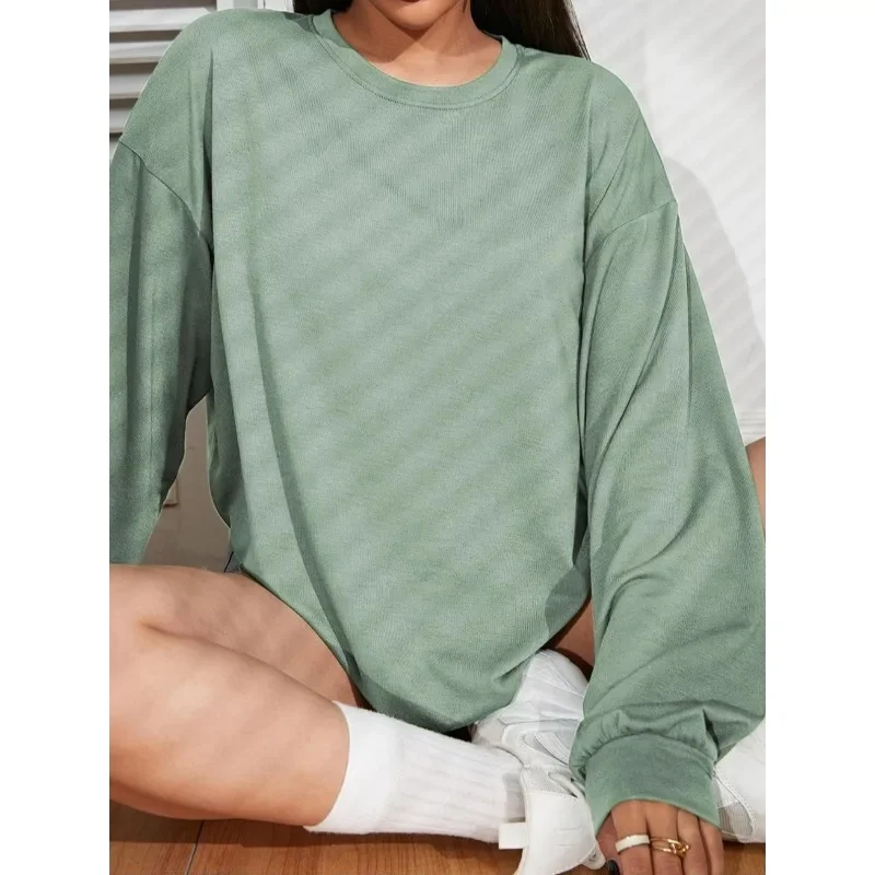 

Плюс размер 1XL-5XL, женская модная однотонная пуловерная футболка с круглым вырезом, женская повседневная удобная футболка с длинными рукавами