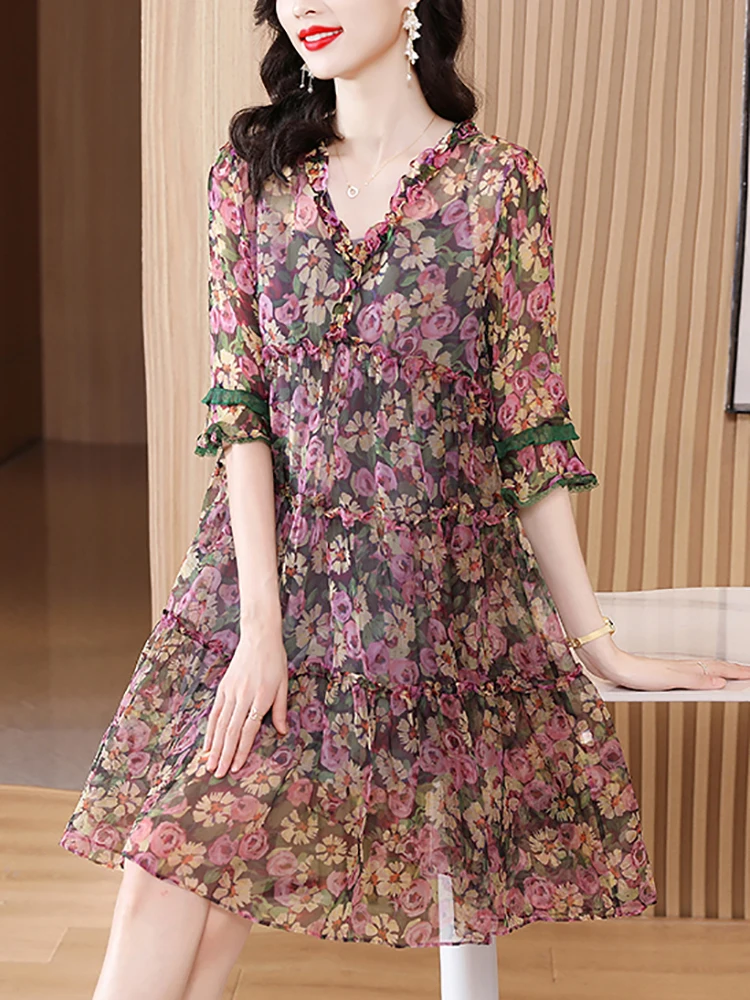 

2024 Purple Floral Silk Chic Ruffled Luxury Midi Dress Women Boho Elegant Loose Casual Dress Spring Summer Fashion Festval Dress