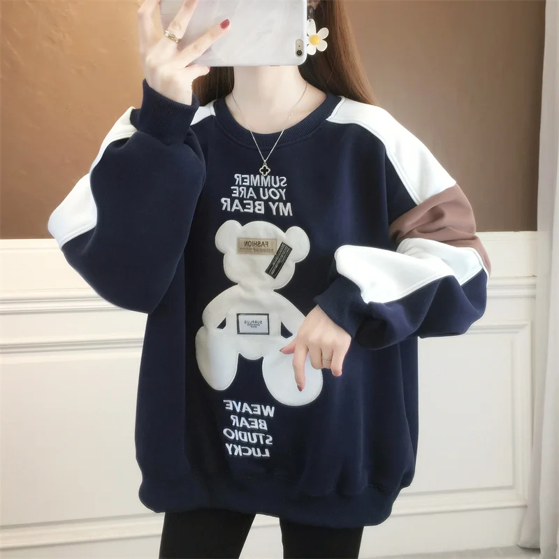 Sweatshirts Women\'s Autumn Cotton Hoodies O-neck Loose Pullovers Harajuku Girls Kawaii Bear Tops Oversized Long Sleeve Hoody