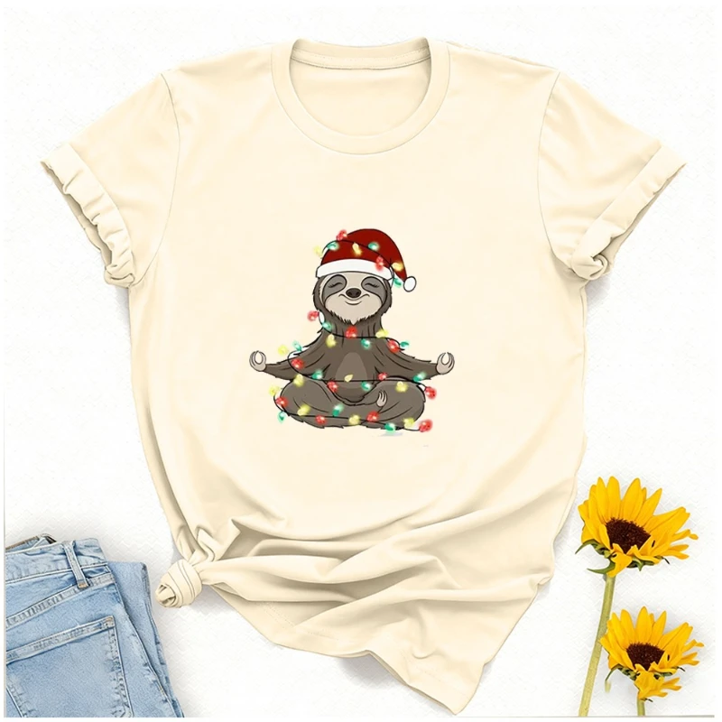Y2k Shirt Christmas Sloth Mens T-shirts Black White Kawaii Clothes Womens Vintage Christmas Lights Summer Print Streetwear