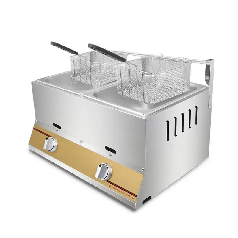 Edelstahl 2-Tank 2-Korb Fritteuse für Hähnchen und Pommes Frites Gas-Fritteuse Gewerbliche Doppeltank-Gasfritteuse