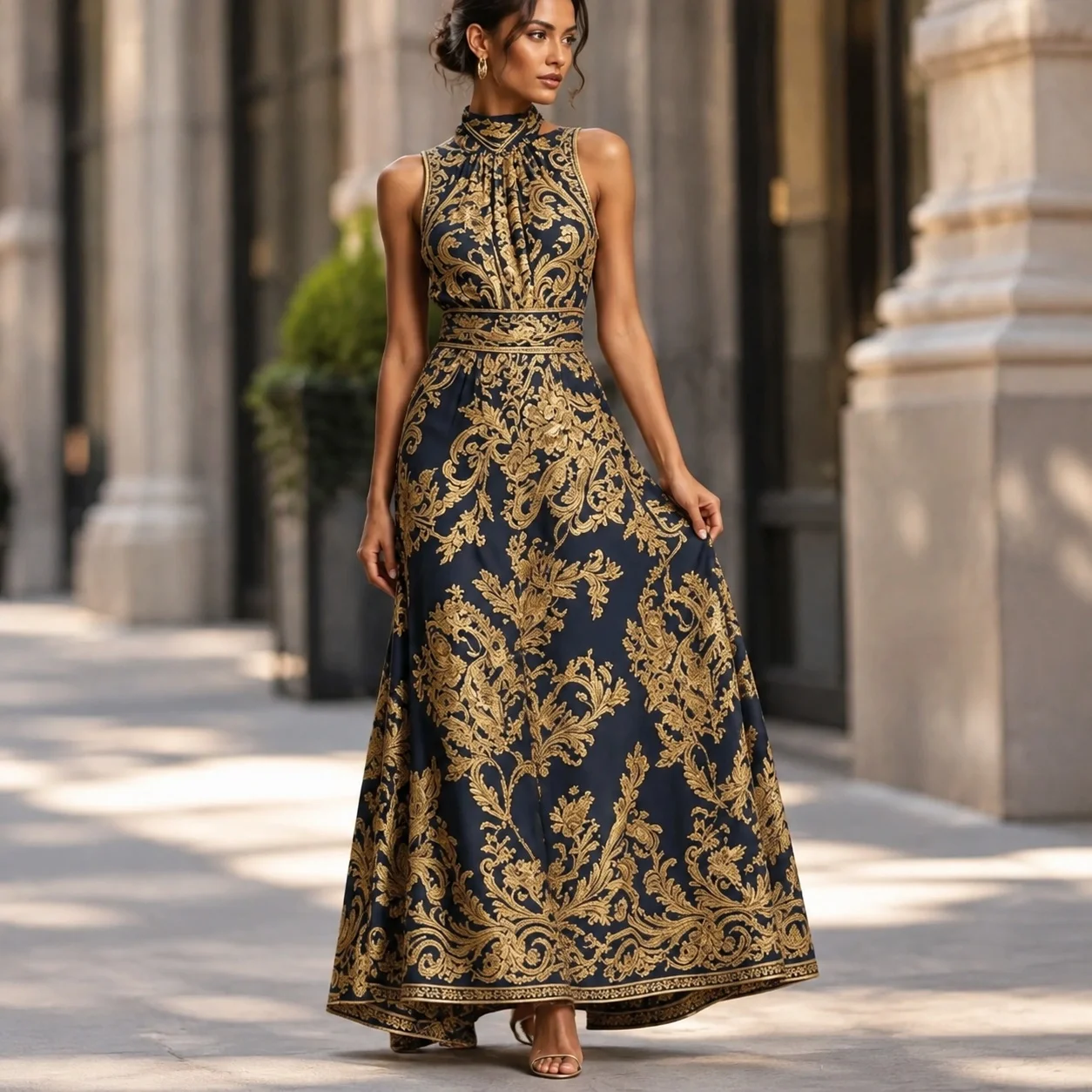 Pullover High Neck Gown High Waist Artistic Retro with Fitted Waist Dress Summer Off Shoulder City Commuting Dress for Women
