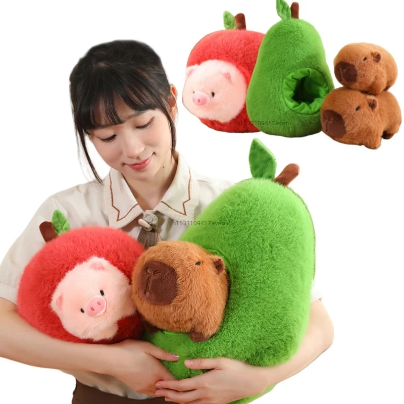 Stuffed Capybara in Avocado Plushie Soft Ferry Plush Pig Hide In Apple Plush Capibara Toy Throw Pillow Birthday Gift