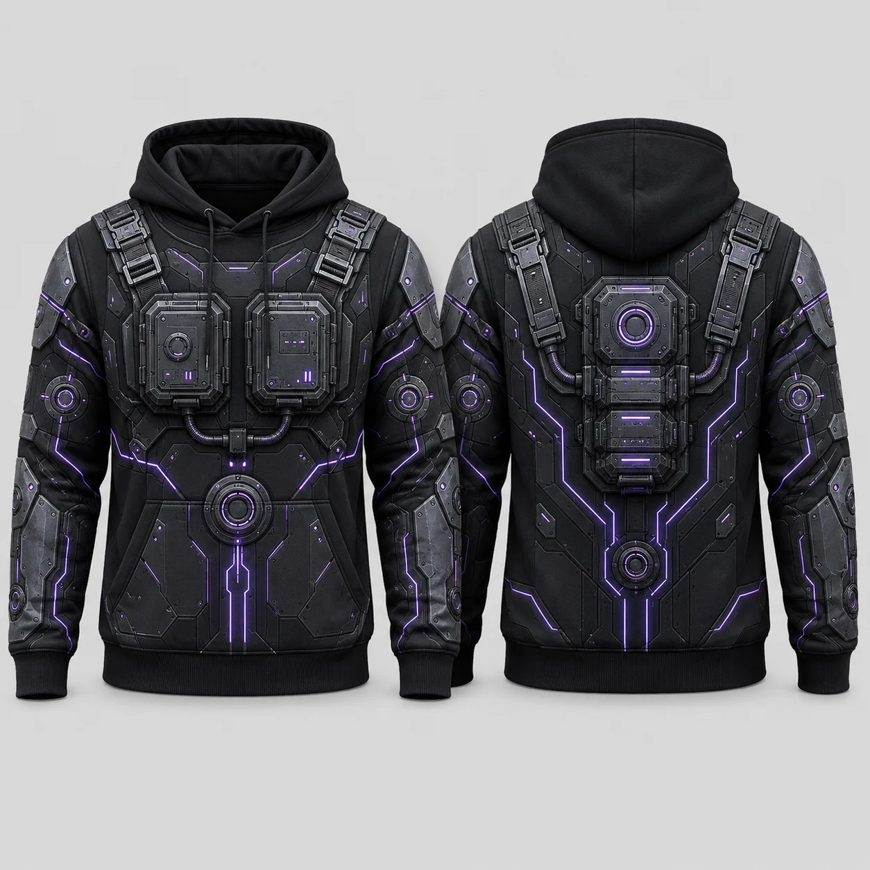 2027 Futuristic Cyber Armor Hoodie Men Black 3D Sublimation Print Flat Graphic Pullover Sweatshirt Techwear Streetwear