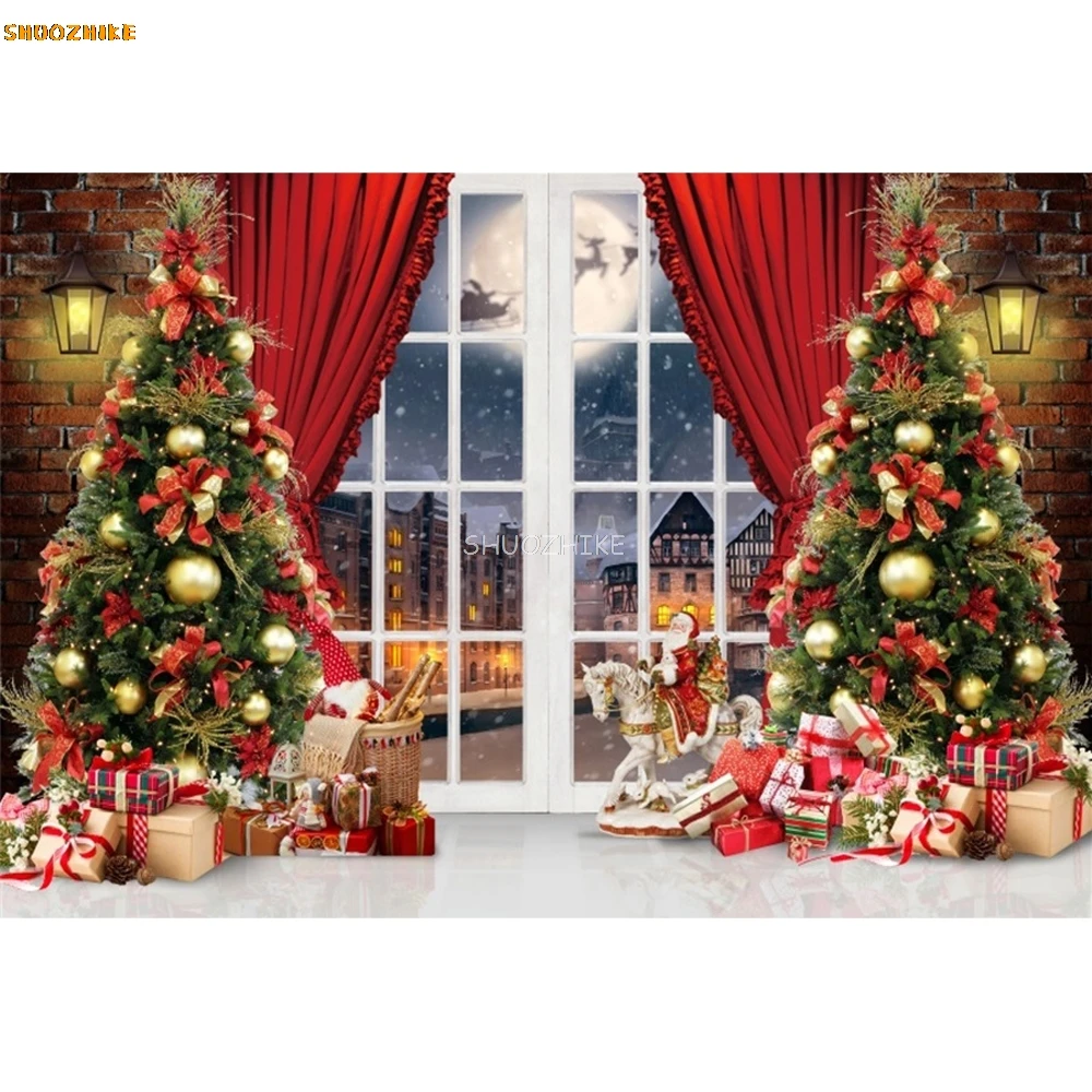 Kerstboom Cadeau Photocall Achtergrond Venster Open haard Baby Familieportret Fotografie Achtergronden Decoratie Voor Fotostudio