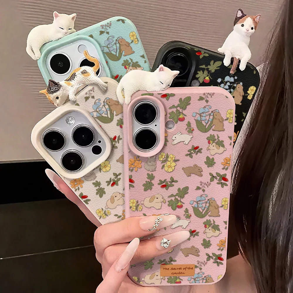 Flower Cute Dog Leather Phone Case For iPhone 17 Pro Max 11 16 15 12 13 14 Plus Air Soft Shockproof 3D Lying Cat Cover Funda
