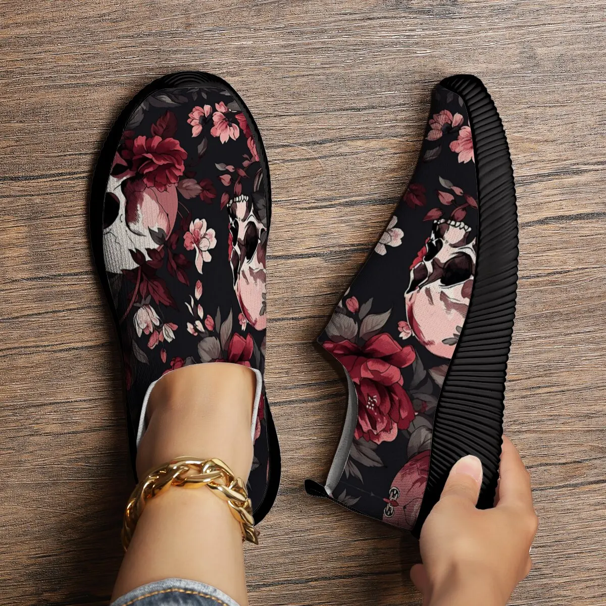 

Women Walking Casual Shoes Skull Floral Pattern Slip-On Casual Sneakers Running Shoes Outdoor Comfortable Loafers