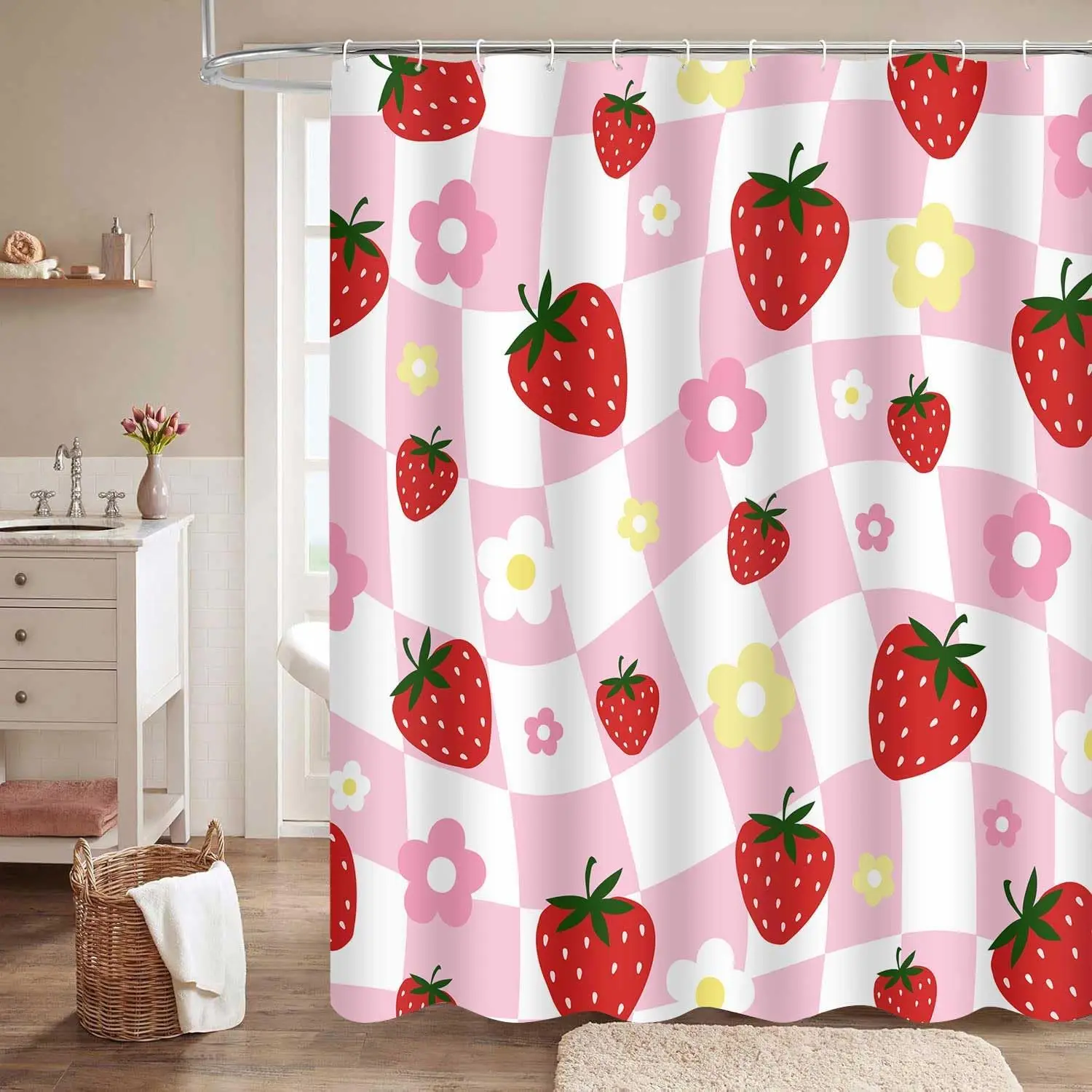 Cute Retro Pink Strawberry Shower Curtain, Girly Groovy Checked Floral Fruit Bathroom Bathtub Decor Curtain With Hooks
