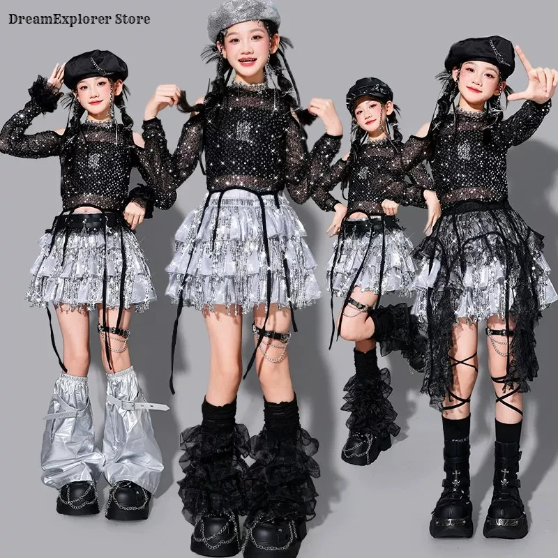 Girls K-pop Sequin Crop Hoodies Street Dance Fringed Skirt‌ Clothes Sets Kids Hip Hop Shiny Costumes Child Girl Group Streetwear