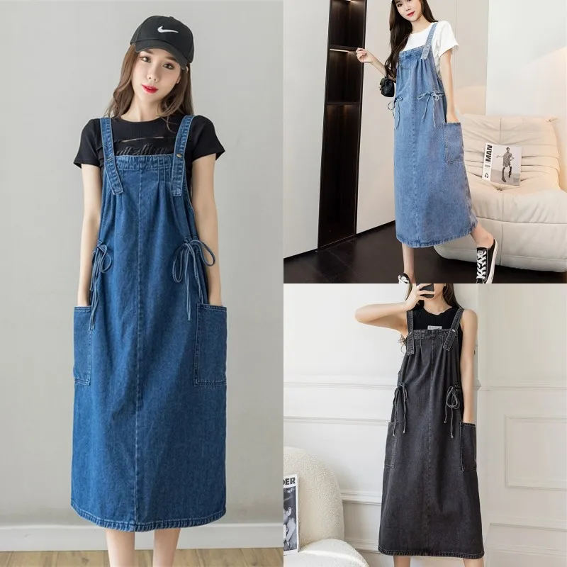 2023 Summer Women Clothing Denim Strap Dress Oversize 5xl Loose Jean Overalls Dresses Ladies Pocket Lace-up Braces Maxi Dresses