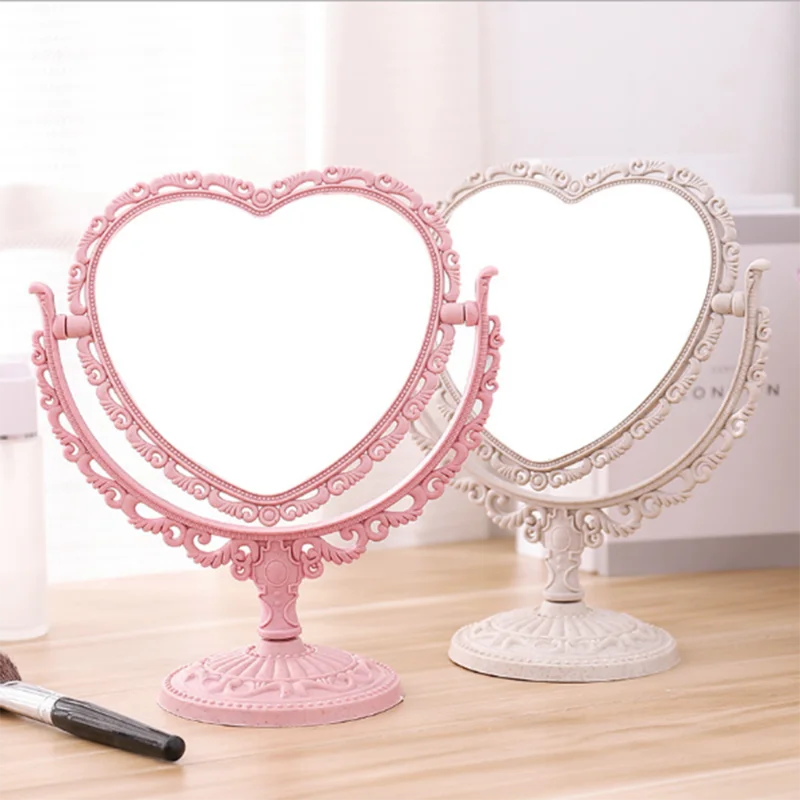 Heart Shaped Makeup Mirror Vintage European Style Acrylic Single Side Makeup Mirror 360 Degree Swivel Desktop Makeup Tools