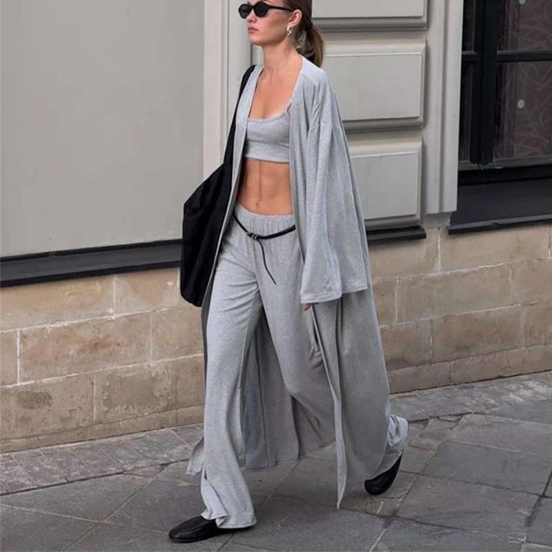 

Fashion Grey Soft Loose Sets Women Casual Three Pieces Long Sleeve Cardigan & High Waist Pants & Vest Outfits Tracksuit 2025