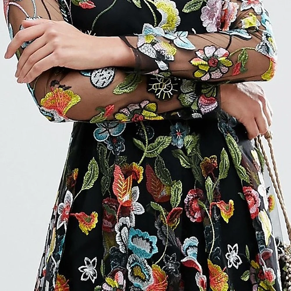 Zweiteiliges, besticktes, durchsichtiges Kleid, knöchellang, A-Linie, Schlüsselloch-Abendball-Kleider, lange Ärmel, bunte Spitzenrobe, individuell gestaltet