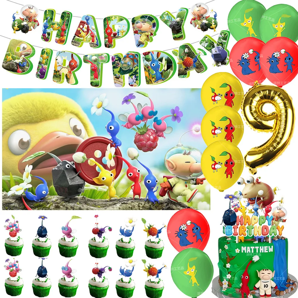 

The Game P&Pikmin Theme Kid Birthday Party Decorations Cartoon Game Background Banner Number Balloon Cake Topper Party Supplies