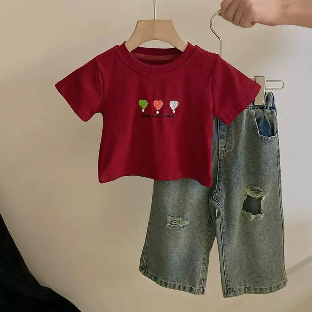 

Girls Summer Set New Children's Baby Fashionable Cartoon Top T-shirt Perforated Jeans Two piece Set Teenage Girls Clothing Set