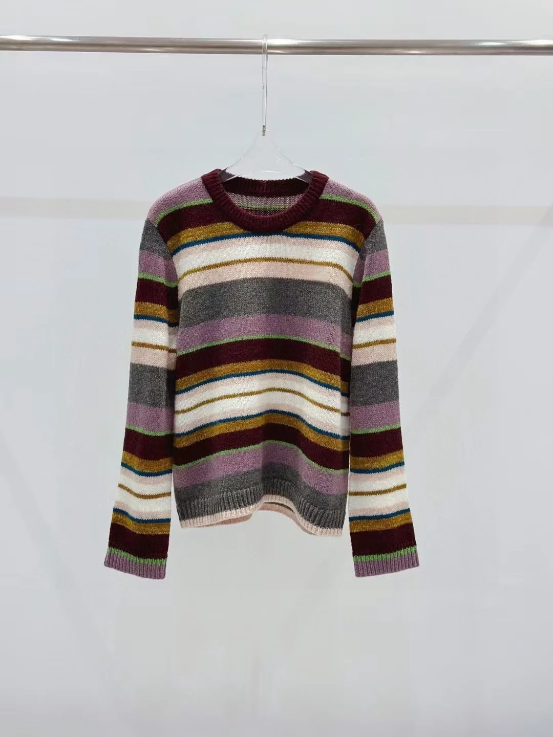 High end customized women's striped smiley face contrasting wool blend sweater