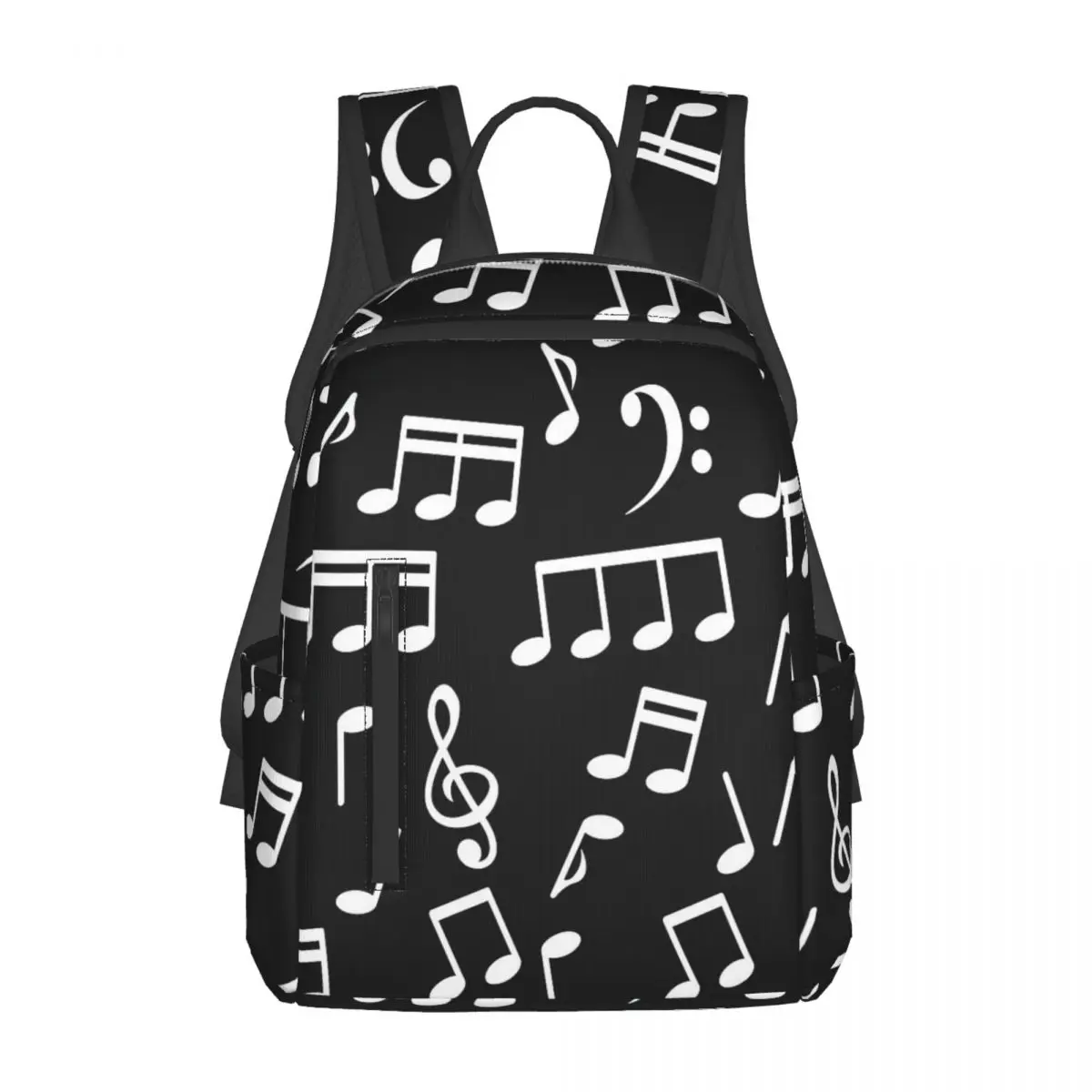 

White Music Notes On Black Background Backpack Large Capacity Kids BookBag School Bag Shoulder Bags for Men Women