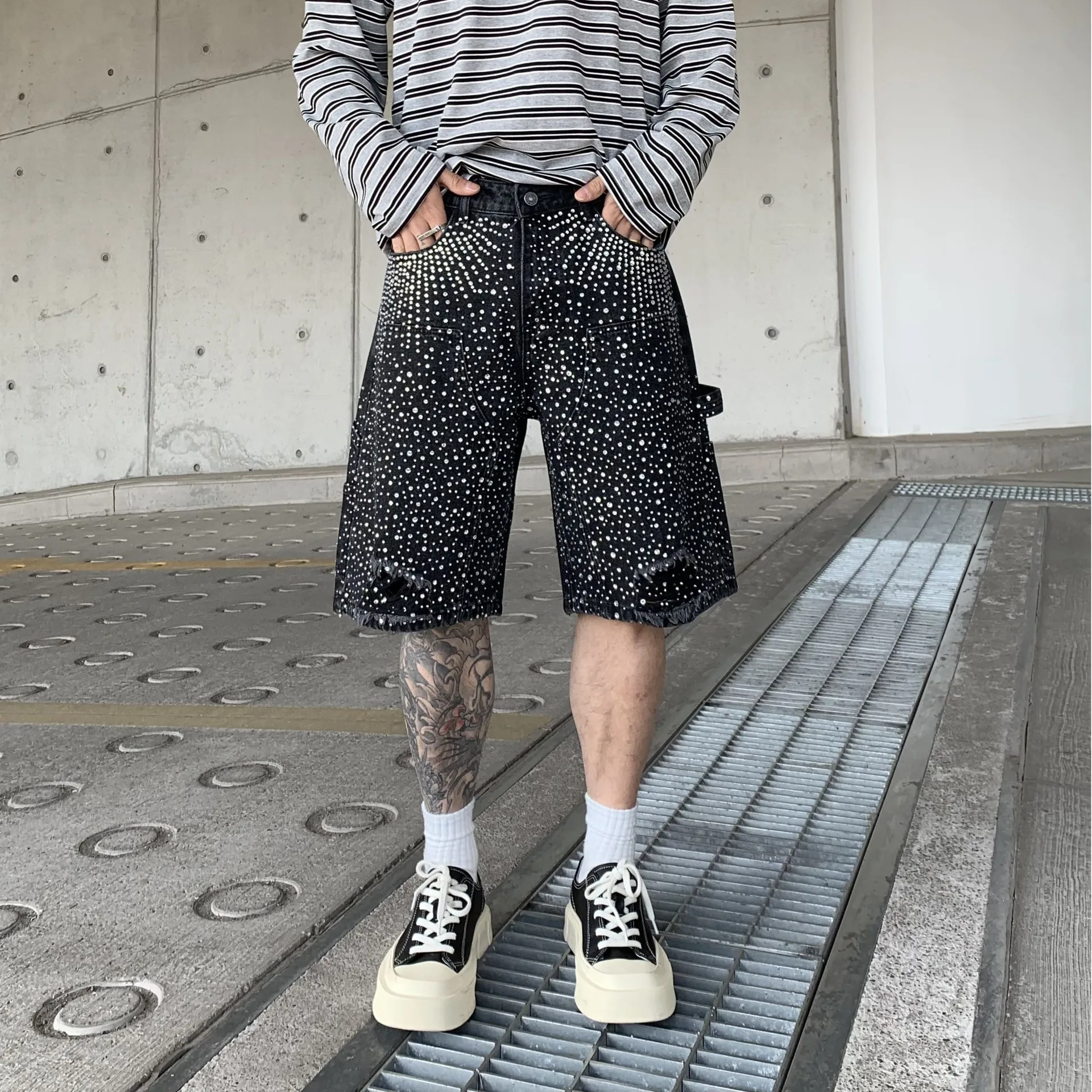 

Black Hot Diamond Full Diamond Denim Shorts Men's Summer Trendy Brand Loose Straight Casual Tooling Cropped Pants Men