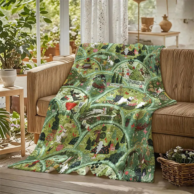 Fairy Rabbit Garden Flannel Blanket Perfect for Sofa Office Bed Travel Sleep Read Relax Camping Four Season Use