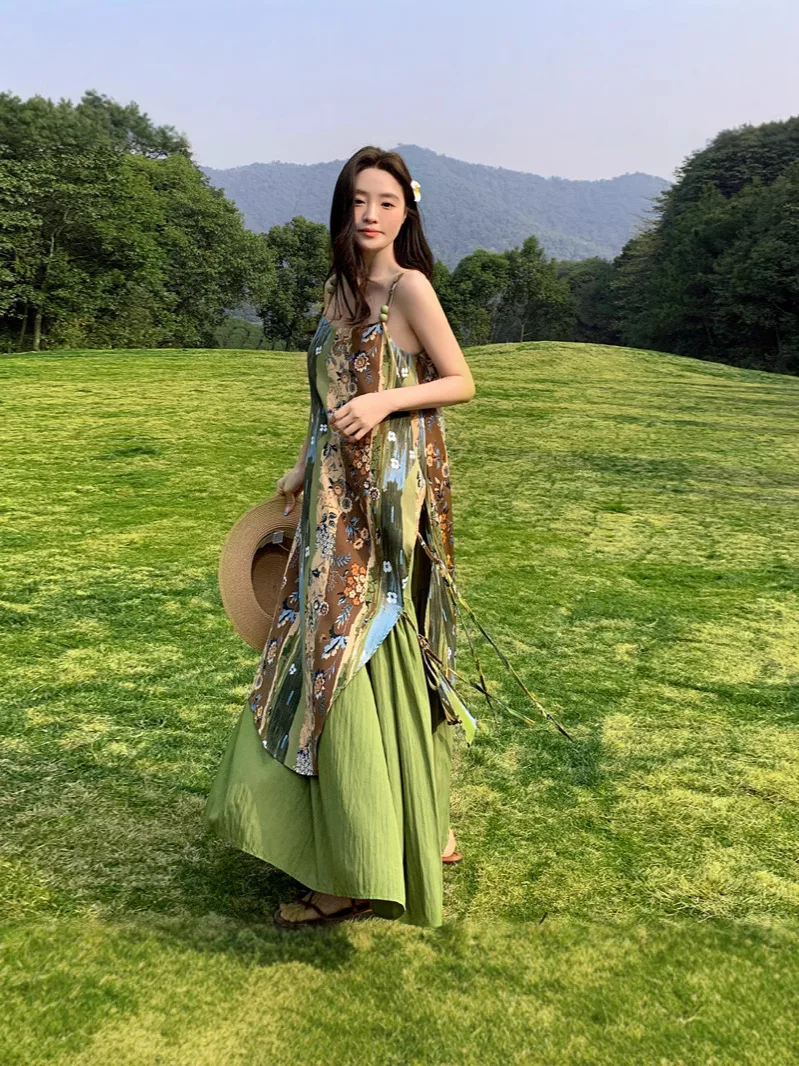 بوهيميا عطلة الشاطئ نمط الأخضر عدم انتظام الأزهار طباعة الرسن فساتين للنساء الصيف بلا أكمام ثوب الجنية التنانير الطويلة