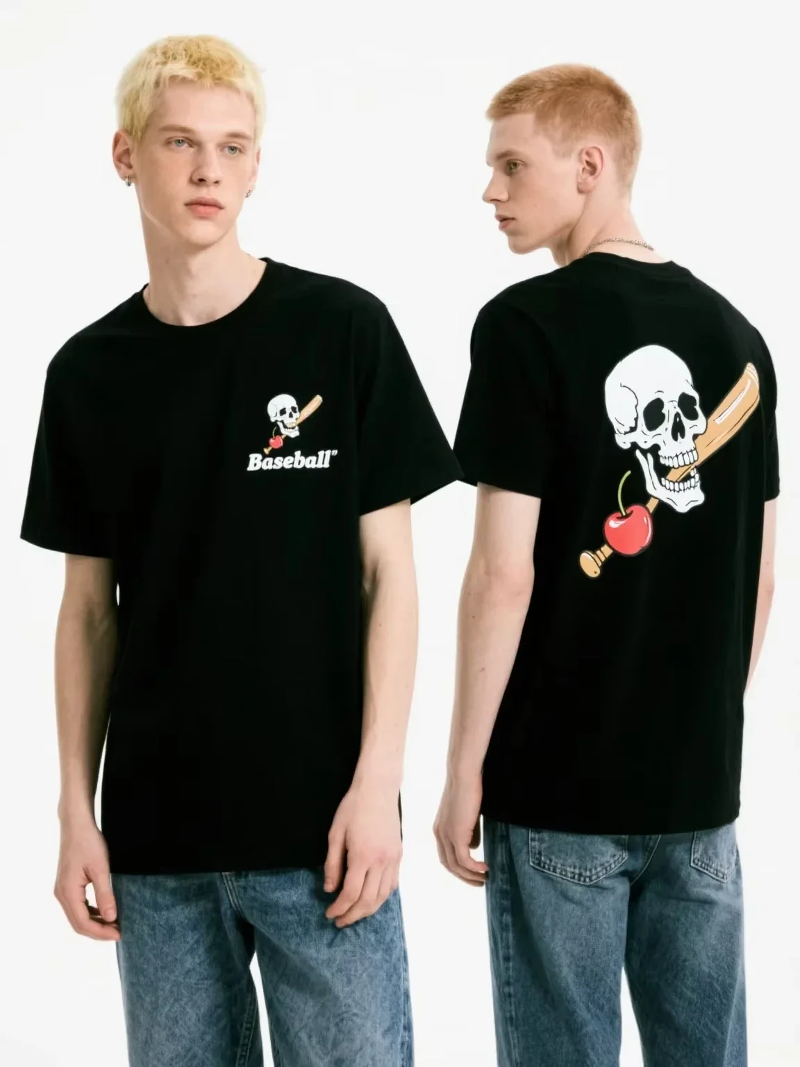 

Baseball-themed black T-shirt: Pure cotton, unique skull round neck summer brand S-4XL cotton T-shirt for both men and women