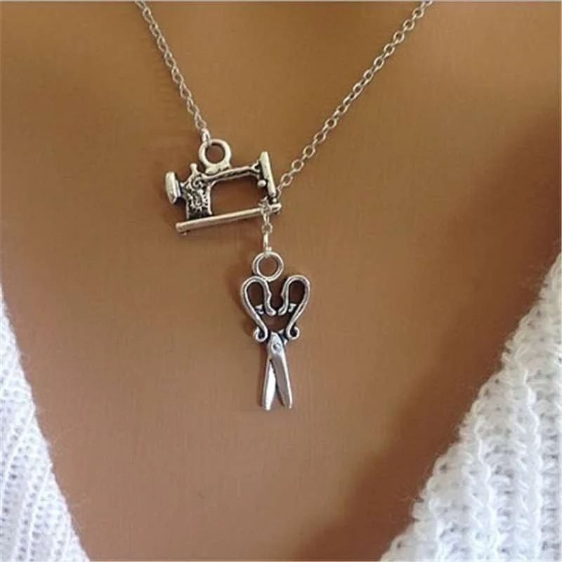 Vintage Mini Sewing Machine Scissors Alloy Pendant Necklaces Women Fashion Combination Hip Hop Clavicle Chain Party Gift