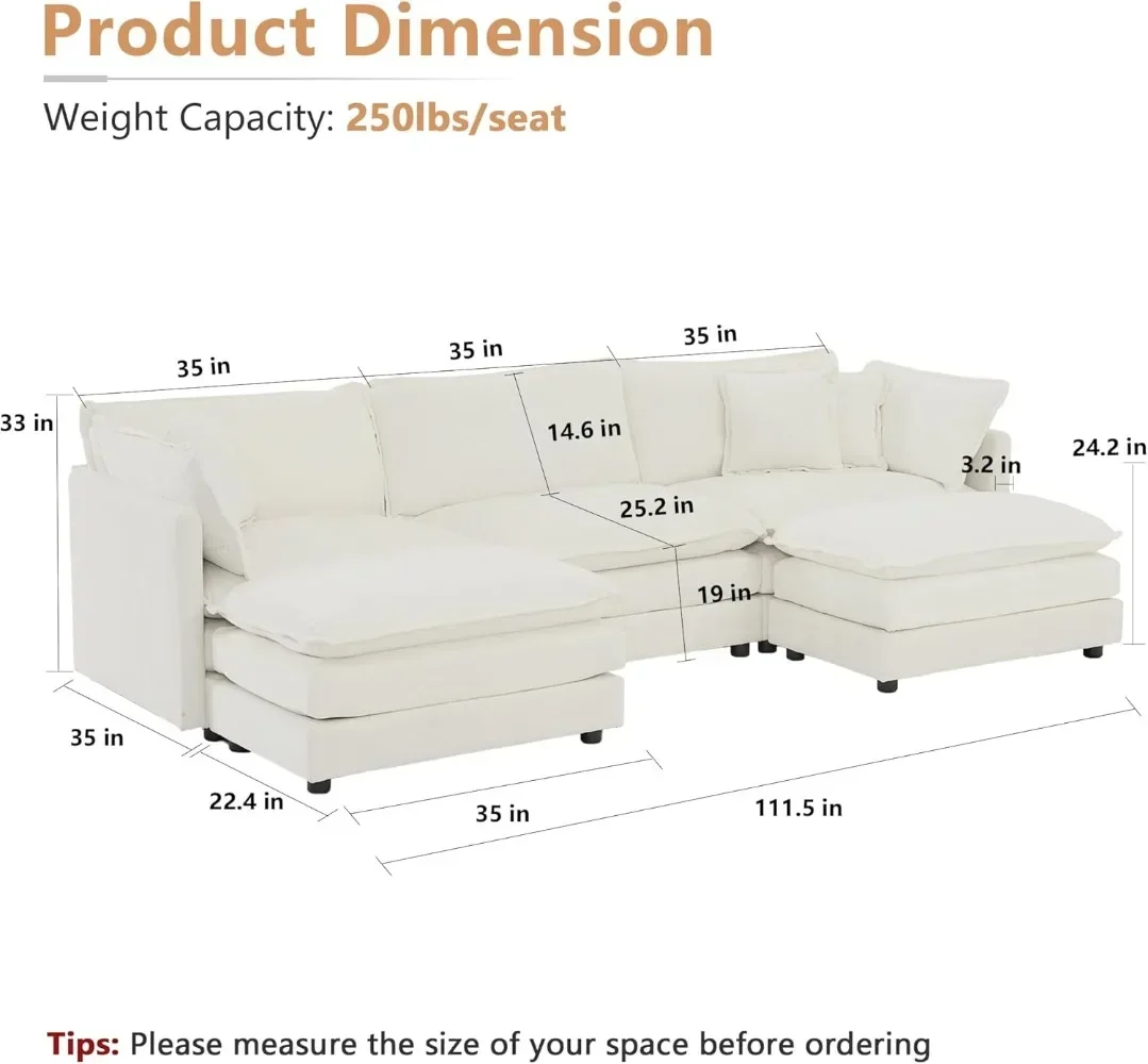 Modular Sectional Sofa, 111.5 Inch U Shaped Couch Set for Living Room, 3-Seater Comfy Cloud Couches with Movable Ottoman