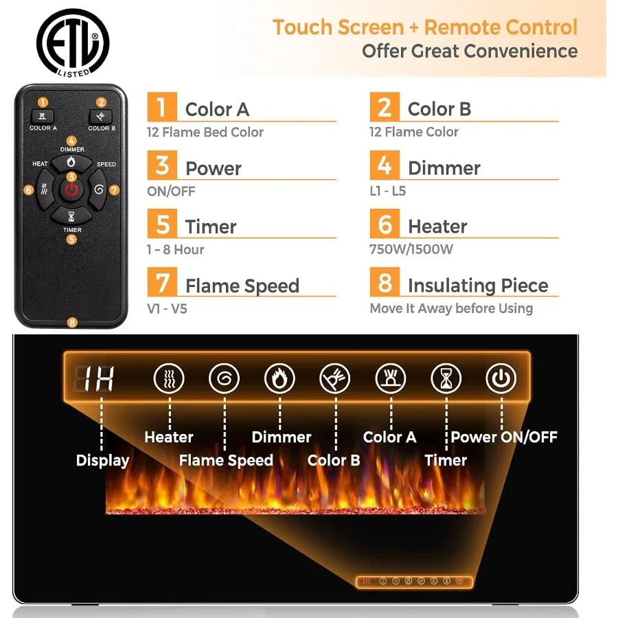 30 مدفأة كهربائية مثبتة على الحائط مع جهاز تحكم عن بعد، مؤقت 18 ساعة، واجهة شاشة تعمل باللمس 12 لهب قابل للتعديل S