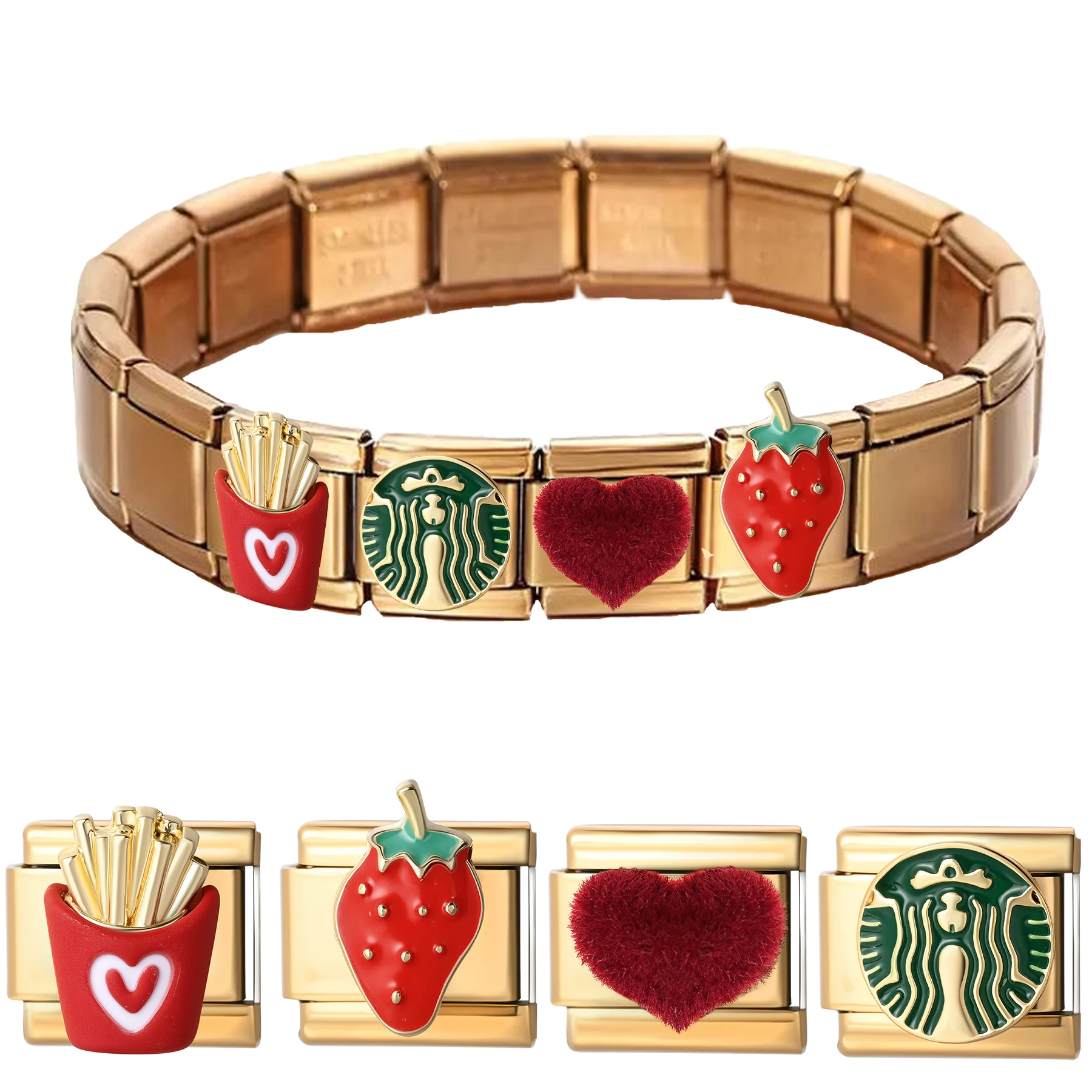 1pc red strawberry heart green stripe golden Italian style stainless steel charm module DIY jewelry making bracelets necklaces