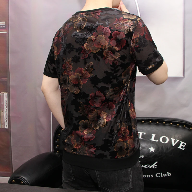 Summer Fashion Flocking Flower T-shirts Men Short Sleeve Round Necked T Shirt Elastic Breathable Casual Business T-shirt M-4XL