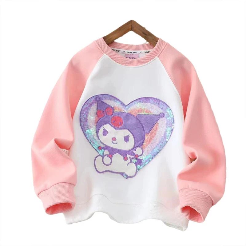 Kuromi-Sudadera con capucha de lentejuelas de cuello redondo para niños, ropa Kawaii de Anime Sanrio, patrón de dibujos animados, manga larga, regalo para niños, 2024