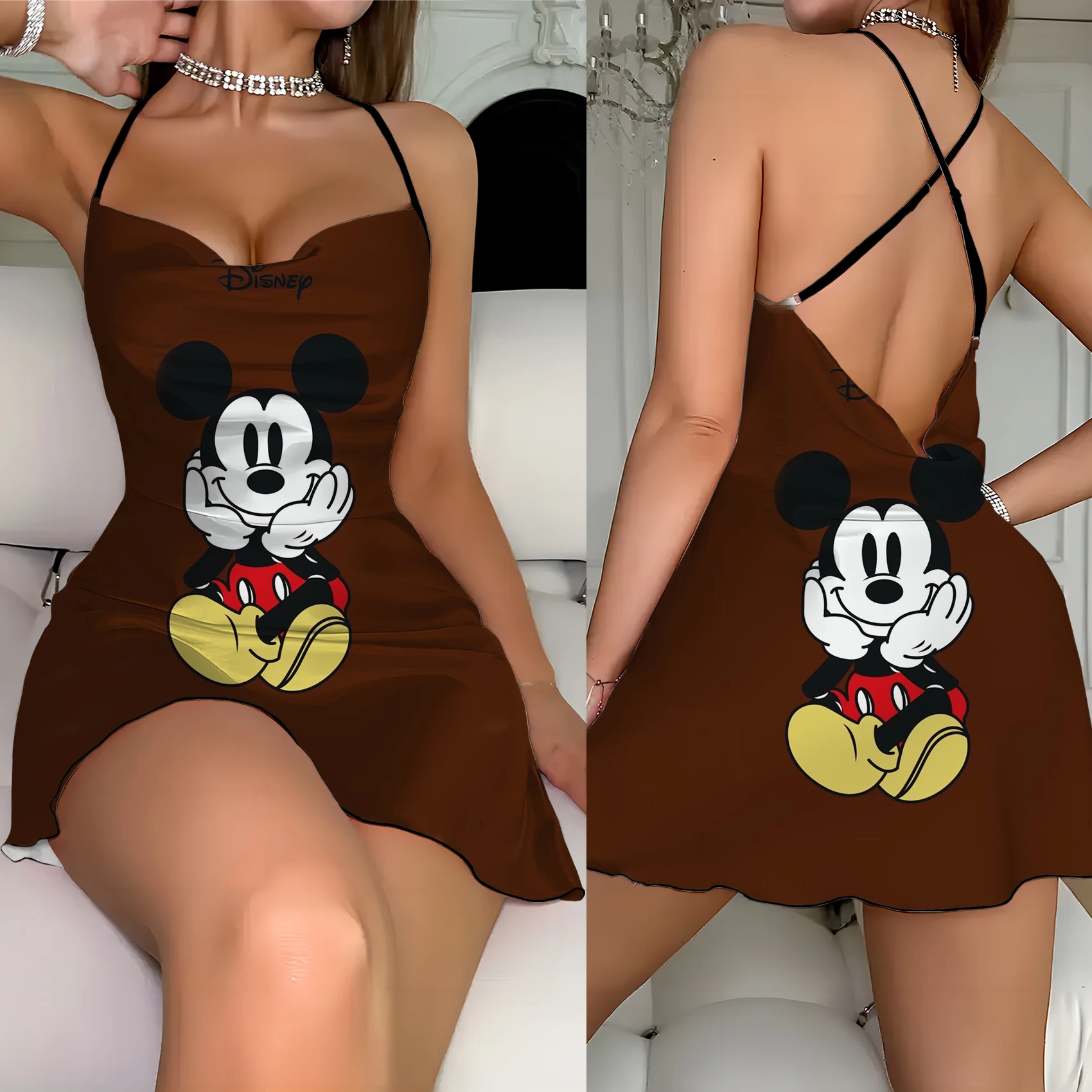 Backless Dress Mickey Elegant Dresses for Women Disney Lettuce Trim Crew Neck Minnie Mouse Fashion Summer 2024 Neck Slip Dress