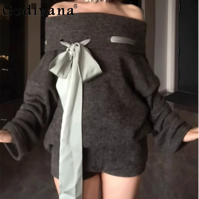 

Элегантный свободный вязаный топ с длинными рукавами и милым бантом, модные комплекты с эластичной резинкой на талии для девочек, темно-серые шорты