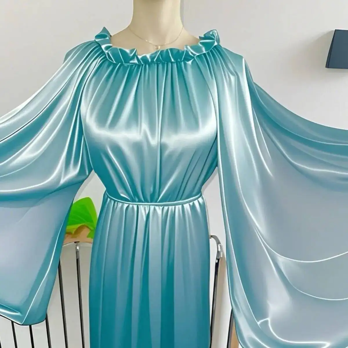 

Glossy Sky Blue Ruffle Women Satin Loose Maxi Dress Long Sleeve Plus Size Sexy Sleeping Robe