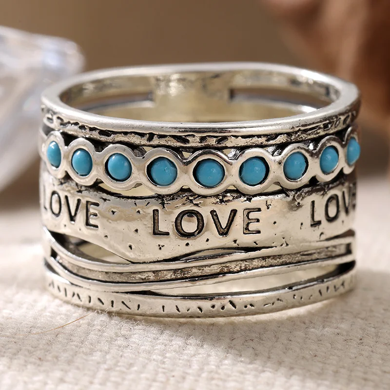Vintage Wide Face Ring For Women Engraved with The Word LOVE Inlay Synthetic Turquoise Ring Daily Casual Jewelry Couple Gifts