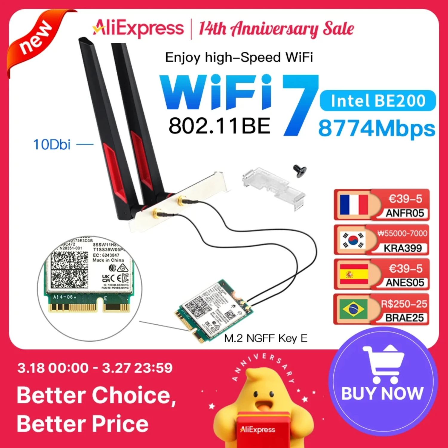 WiFi 7 for  BE200 M.2 Card Bluetooth 5.4 BE200NGW 2.4/5/6GHz Wireless Adapter Network Card with Antennas Better than AX210