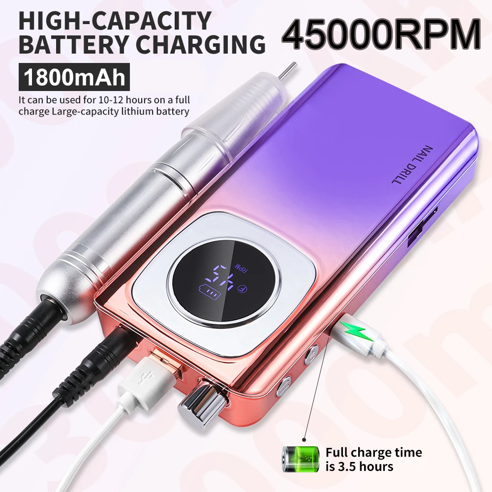 Trapano per unghie portatile elettrico a batteria da 45000 giri/min Lima per levigatrice per unghie ricaricabile professionale per strumento per salone di manicure