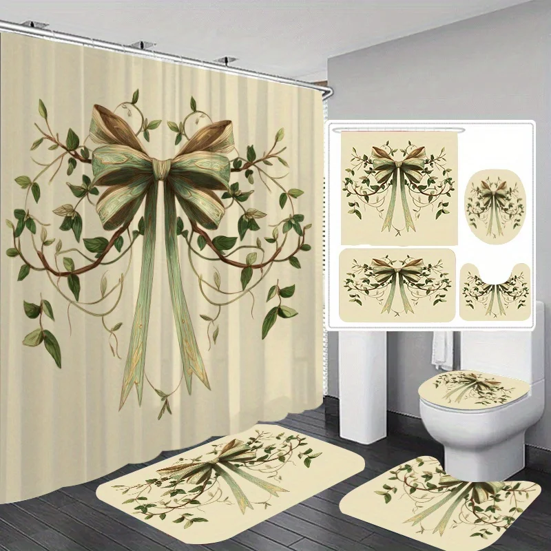 

4pcs Green Leaf Ribbon Garland Printed Shower Curtain Set, Ring Multi Size, Decorative Bathroom Set Includes Shower Curtain