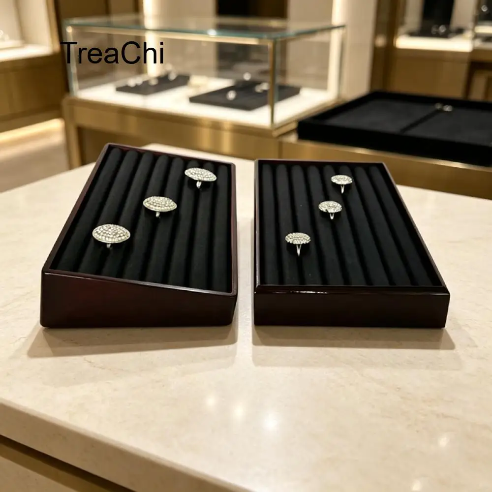 Affordable Luxury Black Leather and Lacquered Jewelry Tray for Storing and Displaying Rings and Stud Earrings with a Slanted