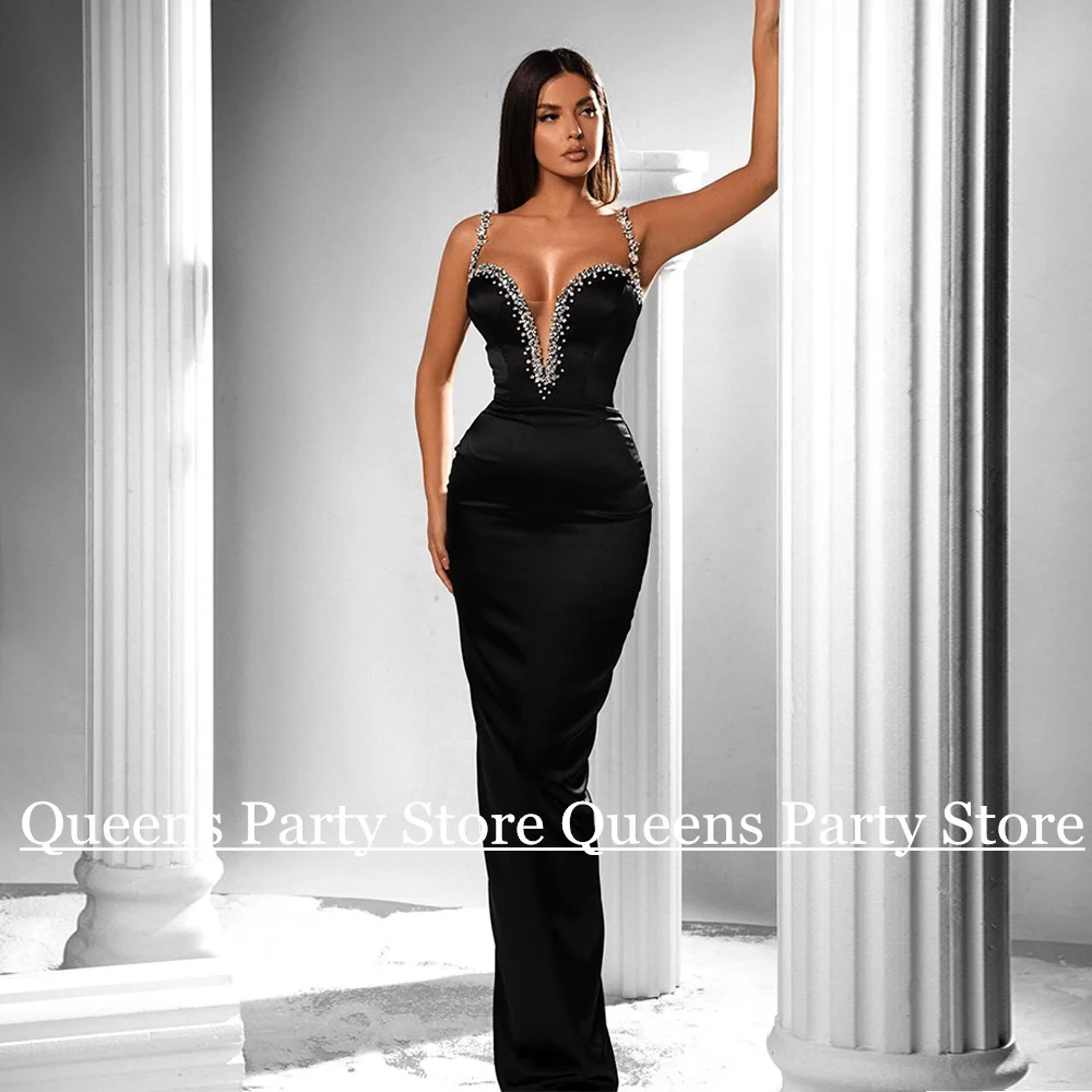 Black Satin Mermaid Evening Dress Sexy Spaghetti Straps Stones Prom Gown Floor Length Backless Vestido De Noche Party Dresses