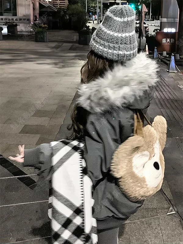 

Thickened American Style Cotton Jacket Women's Winter Coat with Fur Collar Warm Hooded Retro Workwear Long Sleeve Zipper