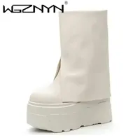 14CM Slip on Ankle Booties Shoes Boots Platform Wedge Ladies 2025 Fashion Botas Genuine Leather Boots Women Motorcycle Winter