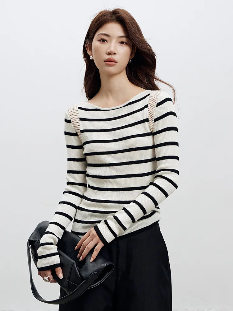 

Autumn Hollow Out Striped Sweater Women Wool Blend Round Neck Long-Sleeve Slim Knitwear Tops