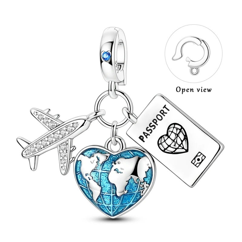 925 Sterling Silver Love Earth Charms Bead CZ Zircon Airplane Passport Dangle Fit Original Bracelet DIY Jewelry Gift