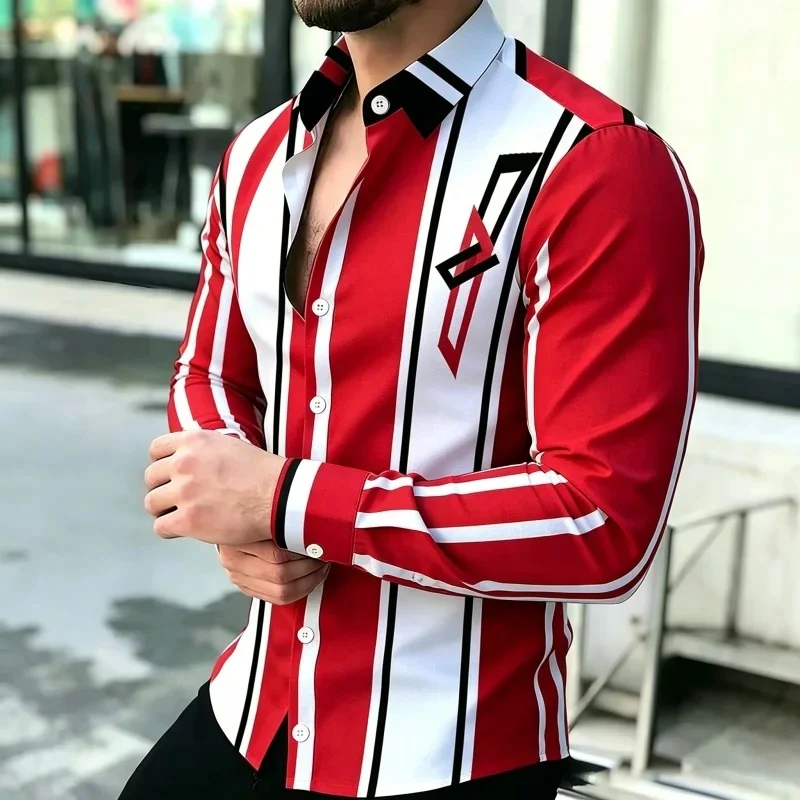 Men's Shirt with Contrasting Striped Print, Slim Fit Collar, Long Sleeved Business Casual Shirt, Available in Multiple Colors
