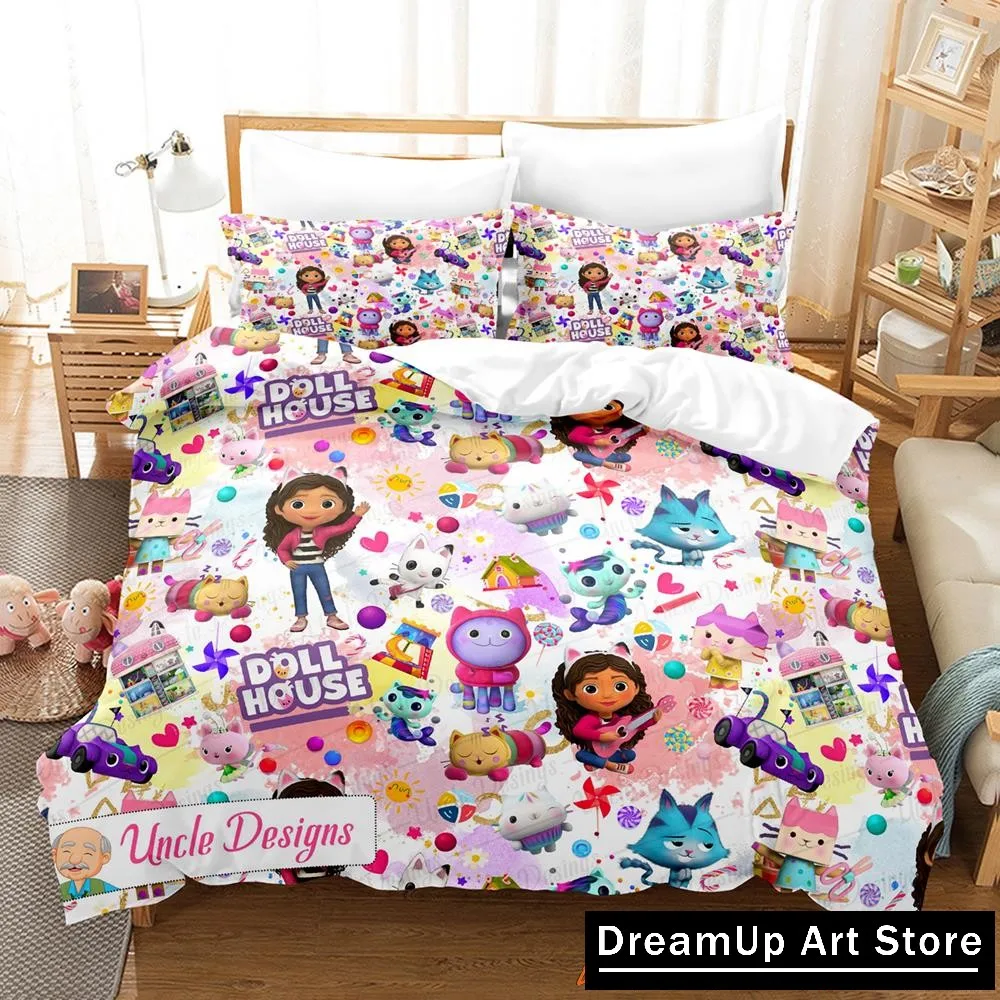 Cartoon G-Gabbys Dollhouse Bedding Set Quilt Cover Bed Cover with Pillowcase Twin Single Queen King Size Boys Adult Home Textile